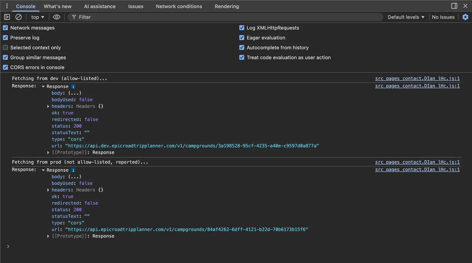 Screenshot showing the Chrome Devtools console with output showing all of the console.log messages from the snippet above
