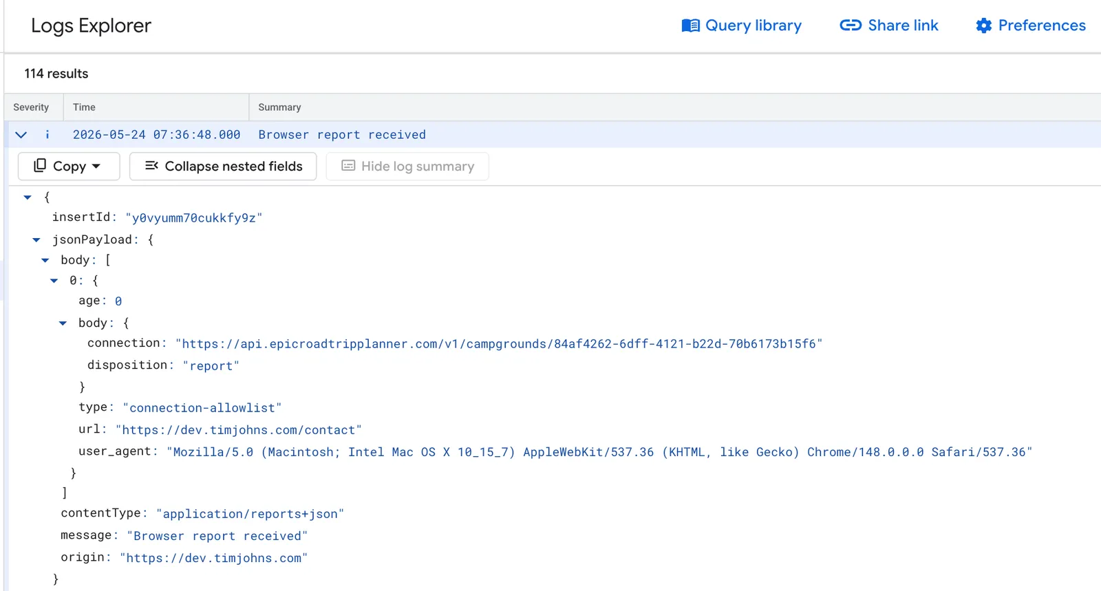 Screenshot showing the logs from the reporting server with a connection-allowlist report containing connection https://api.epicroadtripplanner.com/v1/campgrounds/84af4262-6dff-4121-b22d-70b6173b15f6 and disposition: "report"