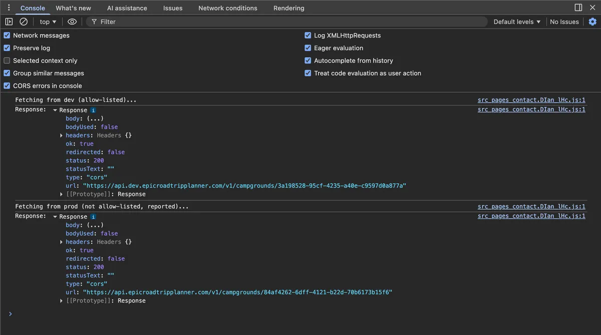 Screenshot showing the Chrome Devtools console with output showing all four of the console.log messages from the snippet above