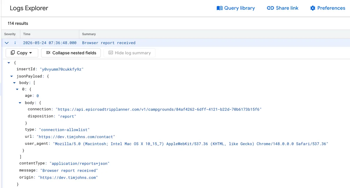 Screenshot showing the logs from the reporting server with a connection-allowlist report containing connection https://api.epicroadtripplanner.com/v1/campgrounds/84af4262-6dff-4121-b22d-70b6173b15f6 and disposition: "report"